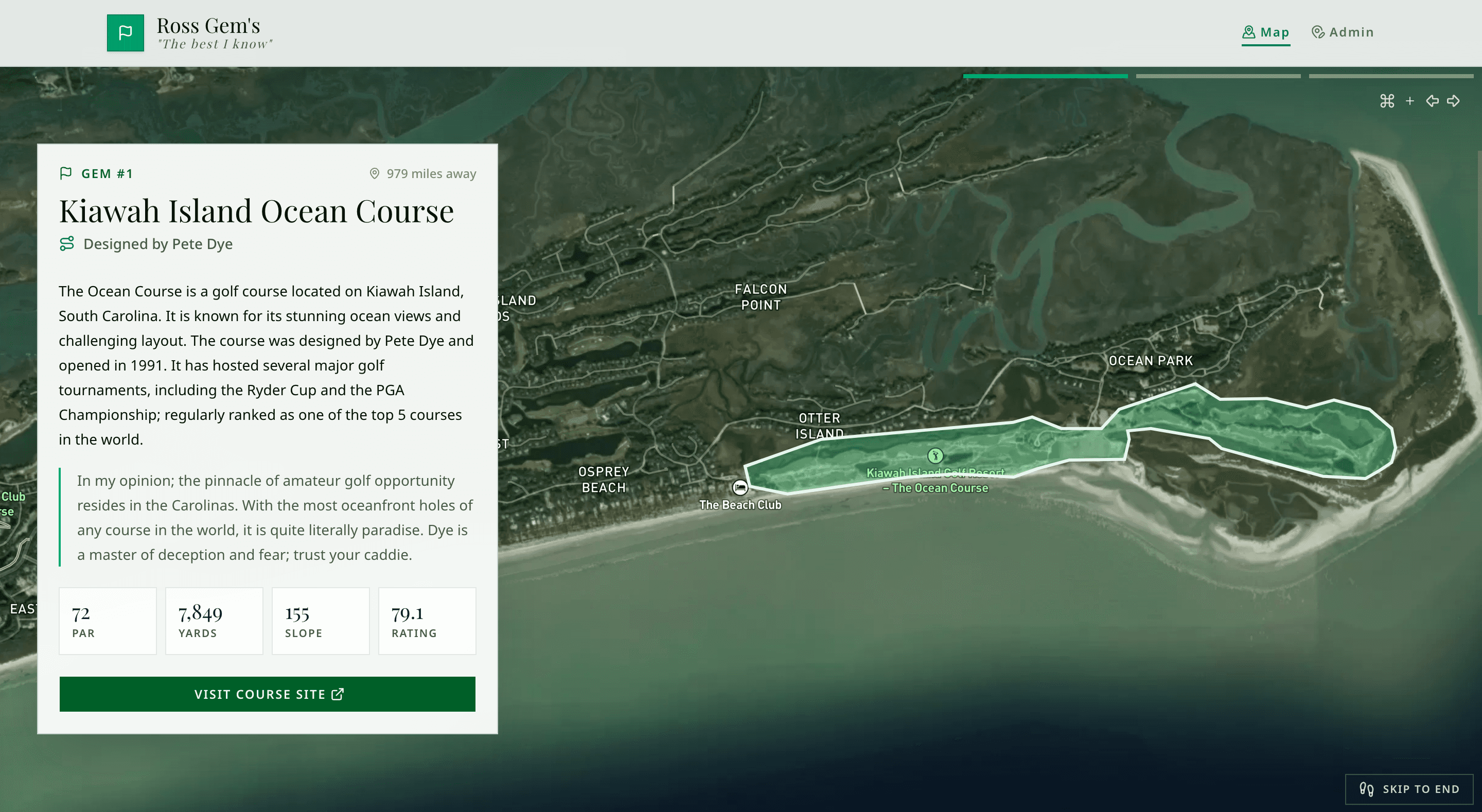 Ross's Gems golf product interface.