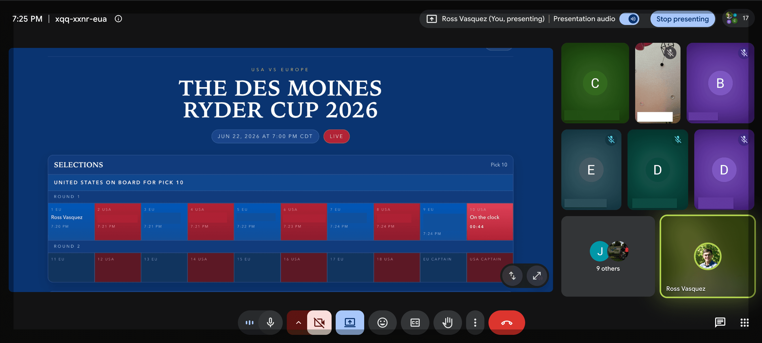 Ryder Cup draft board interface.